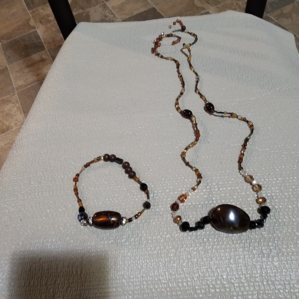Brown and Black Beaded Necklace and Bracelet Set